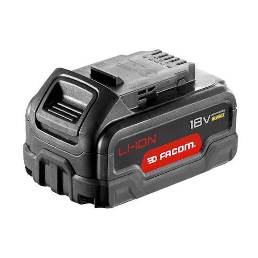 Facom CL3BA1850 18V Li-Ion power tool battery, black and red, side angle on white background.