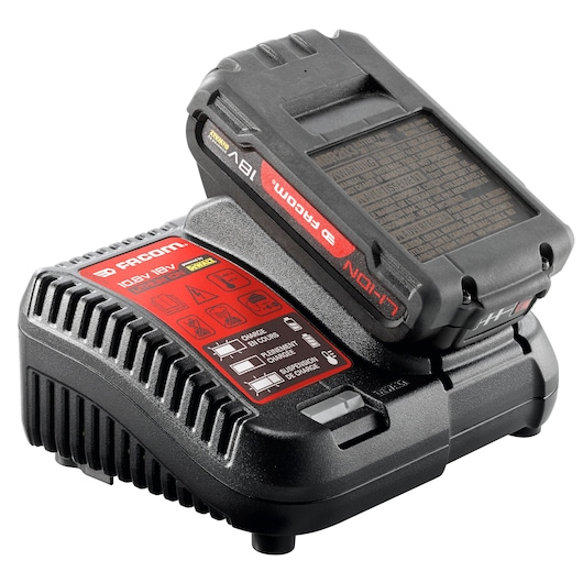 Facom CL3CH115 battery charger and 18V lithium-ion battery, black and red, product photo on white background.