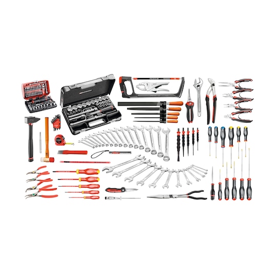 Facom CM130A tool set with assorted wrenches, pliers, screwdrivers, sockets and accessories, top-down view.