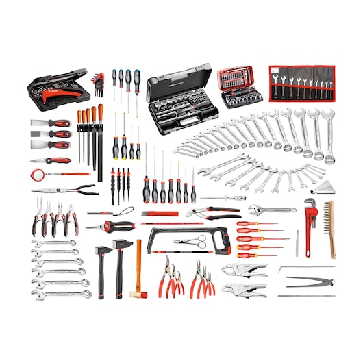 Facom CM_140A tool set with assorted wrenches, screwdrivers, pliers, hammers, and cases, top-down view on white background.