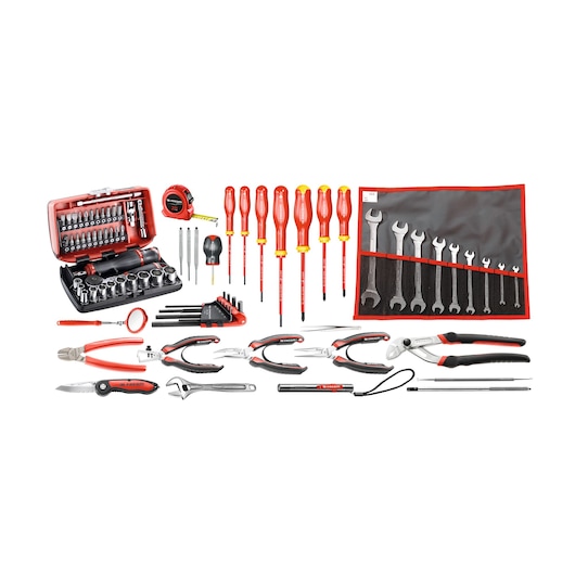 Facom CMEM40A tool set with assorted hand tools, including screwdrivers, pliers, wrenches, and sockets, white background.