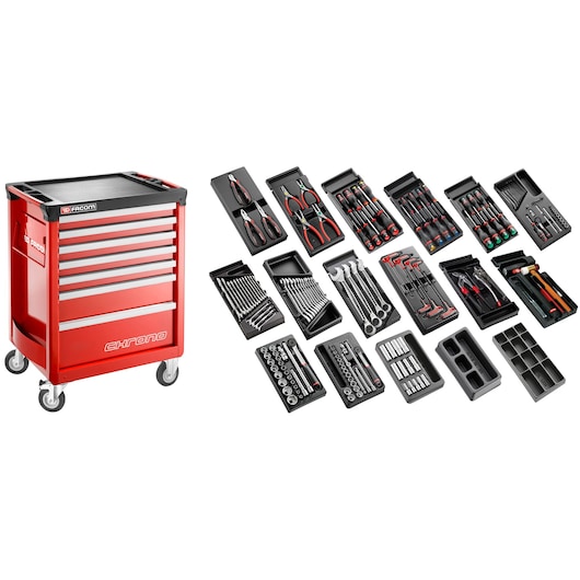 166-Piece Set of Universal Tools in 7 Drawer Roller Cabinet