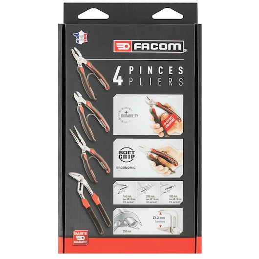 Facom CPE.A1PB pliers set retail packaging, front view showing four ergonomic soft grip pliers with durability features.