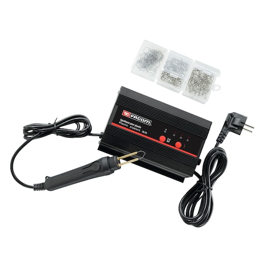 Facom plastic stapler repair kit CR_PS with stapler tool, main unit, power cord, and three staple packs, top view.