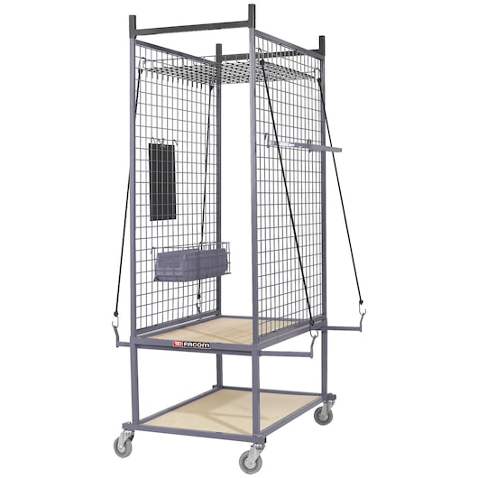 Facom CRS1 mobile storage cage with wire mesh panels, wood shelves and caster wheels, front angle.