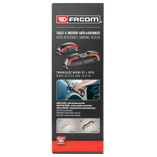 Photo of Facom CR.SB-J2PB auto-adjustable sanding blocks packaging, showing product images and usage instructions, front angle.