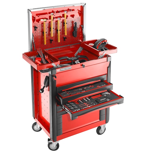Photo of Facom CR_T5XL red tool trolley with open drawers and organized tools, front angle.