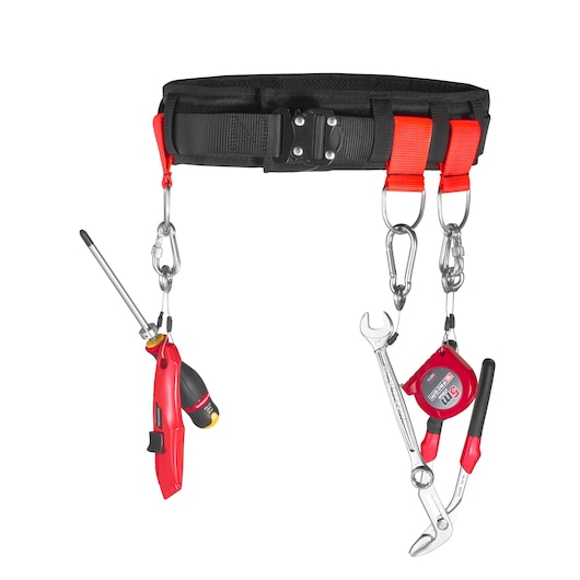 Facom CT100-140 tool belt with black and red straps, holding screwdriver, tape measure, wrench, and pliers, front view.