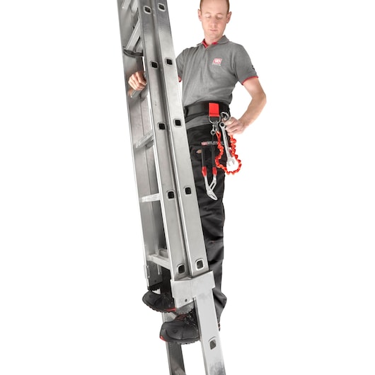 Facom CT100-140 tool tether attached to black work pants, worn by person on ladder, front angle, white background.