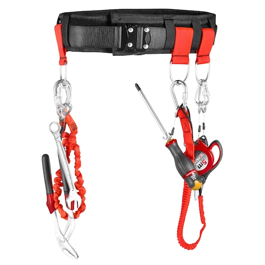 Facom CT100-140 black and red tool belt with attached safety lanyards, carabiners, and hand tools, front view.