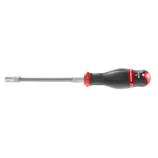Facom D133C8 flexible shaft nut driver with black and red handle, side view on white background.