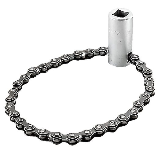 Facom D149 chain wrench tool with silver metal socket and steel chain, side angle on white background.