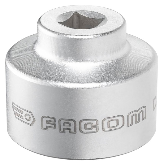 Photo of Facom D163-27 socket adapter, chrome finish, cylindrical shape, side angle on white background.