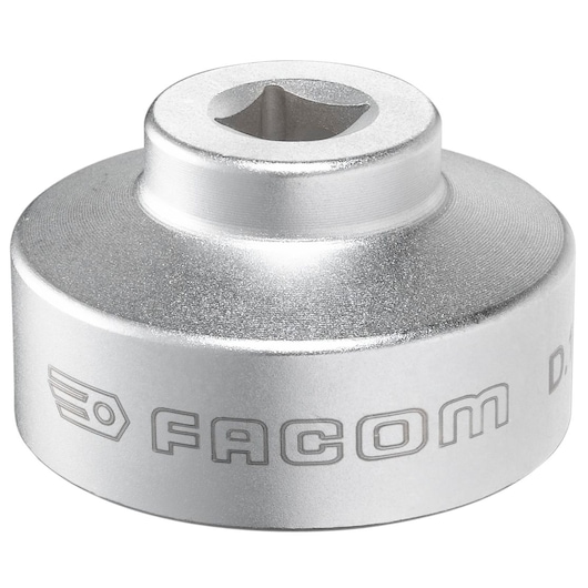 Facom D_163-36 silver round socket tool, side angle, engraved logo, photography category.