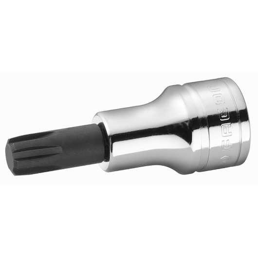 Facom D_34B10 silver and black socket bit, angled product photo on white background.