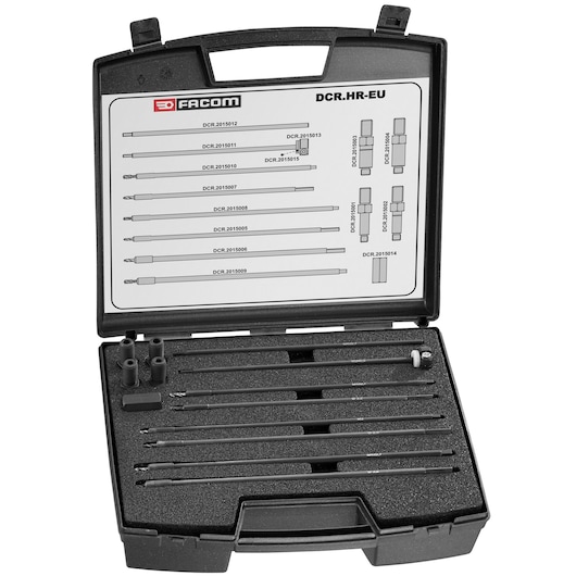 Facom DCR_HR-EU tool set with precision extraction rods and adapters in a black plastic carrying case, top-down view.
