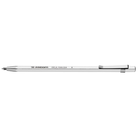 Facom DELA_1589_00A silver hexagonal pen with clip, side view, white background.