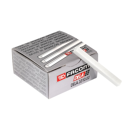 Photo of Facom DELA_3310_00 box with white marking chalk stick, angled view on white background.