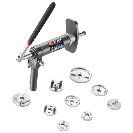 Facom DF_17-100A brake caliper tool kit with black handle and metal adapter plates, white background, top angle.