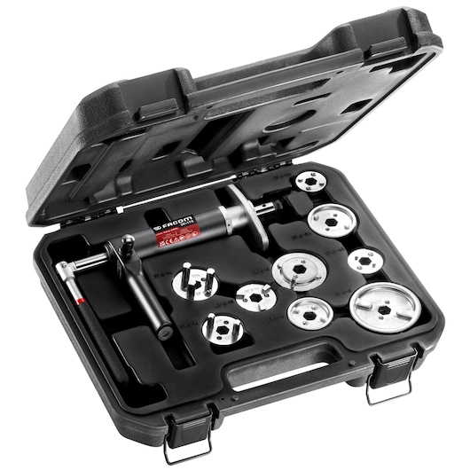 Facom DF.17A-100 pipe flaring tool kit with multiple dies and components in black hard case, angled view.
