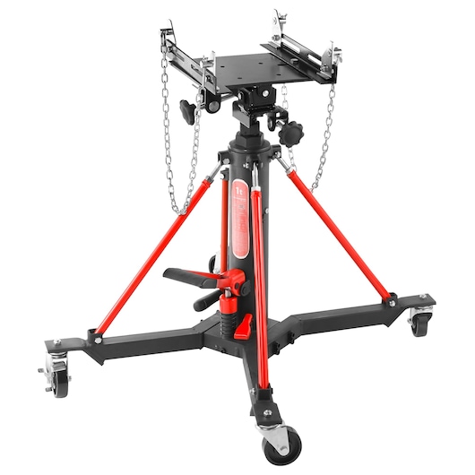 Facom DL1000 transmission jack with red and black frame, adjustable top plate, safety chains, and caster wheels, front view.