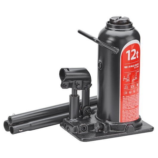 Photo of Facom DL12BTI 12-ton hydraulic bottle jack with black body, red label, and detachable pump handles, side angle.