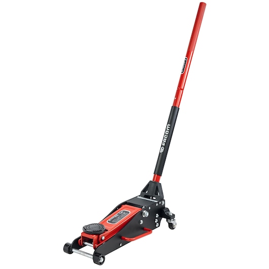 Photo of Facom DL25AL hydraulic floor jack in red and black, angled view on white background.