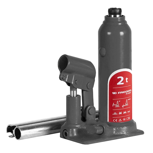 Facom DL_2BTI bottle jack, red and grey, side angle on white background, 2 ton lifting capacity.