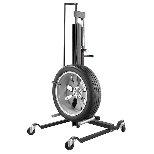 Photo of Facom DL_LR mobile tire lift with mounted car wheel, black steel frame, front angle, white background.