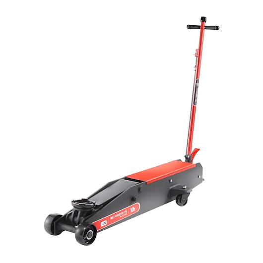 Photo of Facom DLPL10A low-profile hydraulic floor jack, red and black, angled on white background.