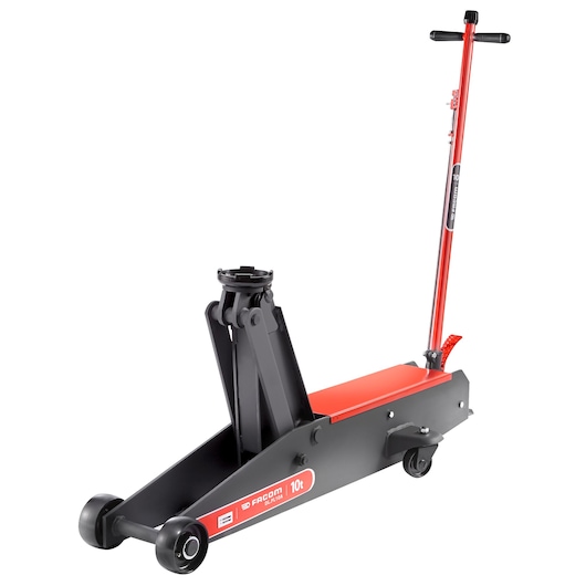 Facom DLPL10A hydraulic floor jack, black and red, 10 ton capacity, side angle on white background.