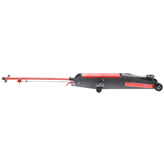 Facom DLPL10A low-profile floor jack with long red handle, black and red body, side view on white background.