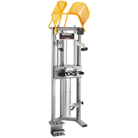 Facom DLS_501HP4T spring compressor with yellow safety guards, upright view, metal frame and adjustment knobs.
