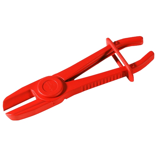 Facom DM34 red plastic hose clamp pliers, angled view, showing textured grips and locking mechanism.