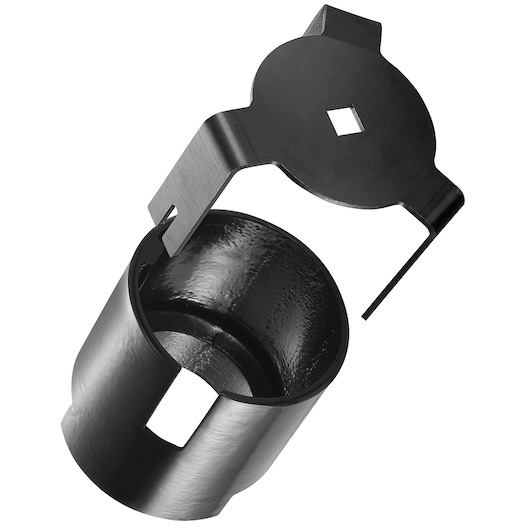 Photo of Facom DMFR2 black cylindrical automotive socket tool with matching adapter on white background.