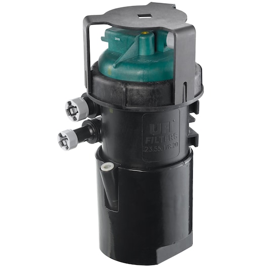 Facom DMFR2 automotive filter unit with black cylindrical body, green top, and side connectors, front angle.
