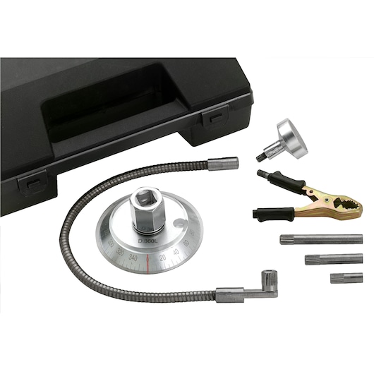 Facom DMP_360L torque angle gauge set with flexible arm, accessories, and black carrying case, product photo, white background.