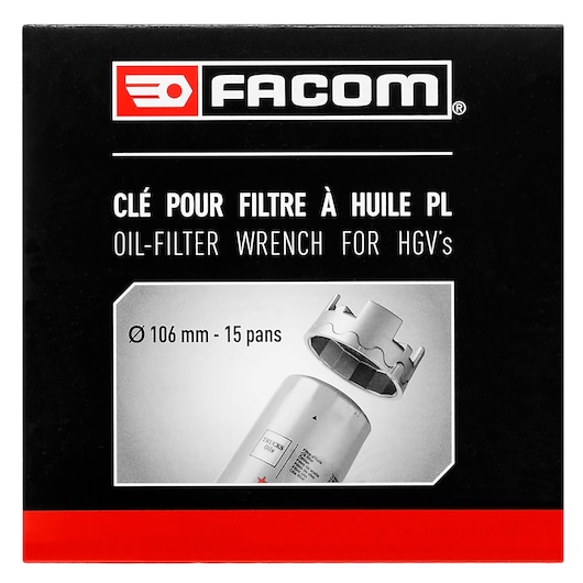 Photo of Facom oil-filter wrench for HGVs, SKU DP_106-15PB, 106 mm, 15 pans, box front on white background.