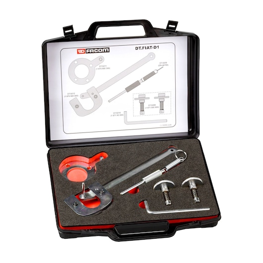 Facom DT_FIAT-D1 automotive timing tool kit in black case with foam insert, top view.