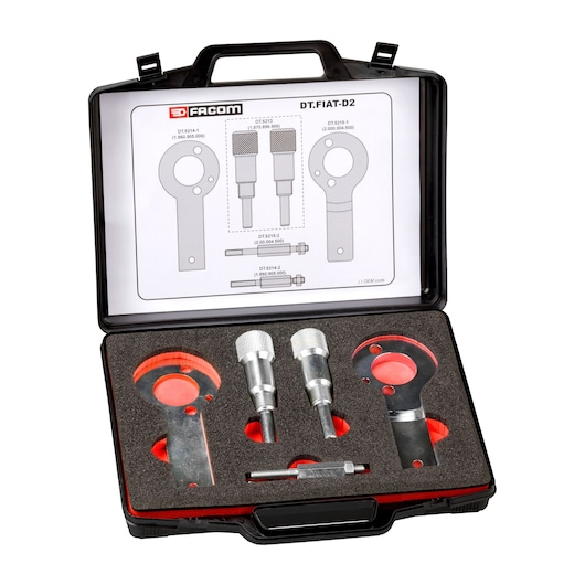 Facom DTFIAT-D2 timing tool kit in black case with foam insert, automotive tools visible, white background.