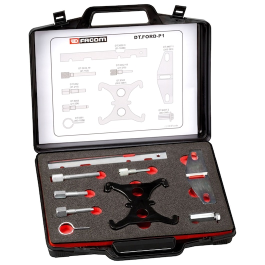 Facom DT_FORD-P1 automotive tool kit in black hard case with labeled foam insert and various metal tools, top-down angle.