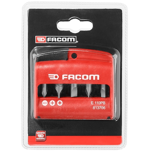 Facom E.110PB bit set in red plastic holder, displayed in retail packaging. The holder contains various screwdriver bits and is branded with the Facom logo.