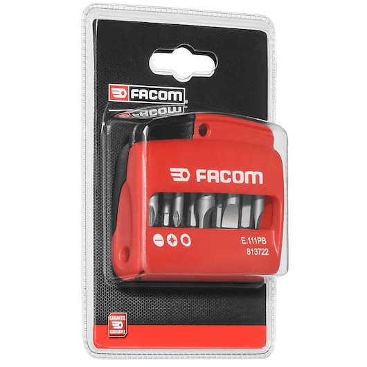 Photo of Facom E111PB compact red bit set in retail packaging, showing multiple metal screwdriver bits.