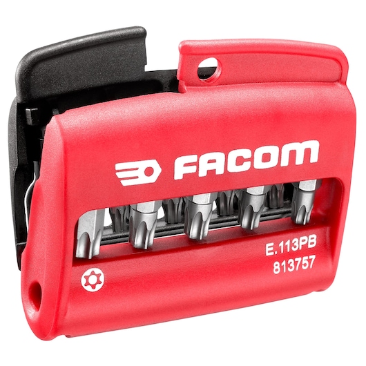 Facom red compact bit set with six screwdriver bits in holder, SKU E113PB, front angle on white background.