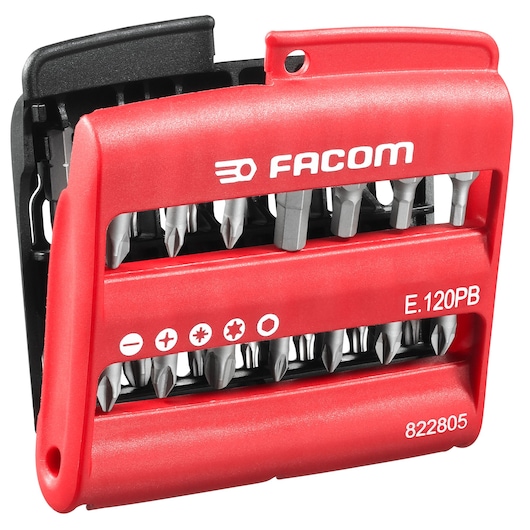 Photo of Facom E120PB screwdriver bit set with red and black case, multiple bits visible, front angle.