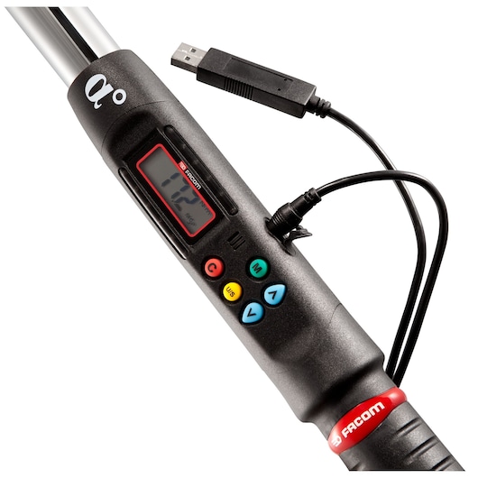 Facom electronic torque wrench E_316-135D with digital screen, control buttons, and USB cable, close-up on white.