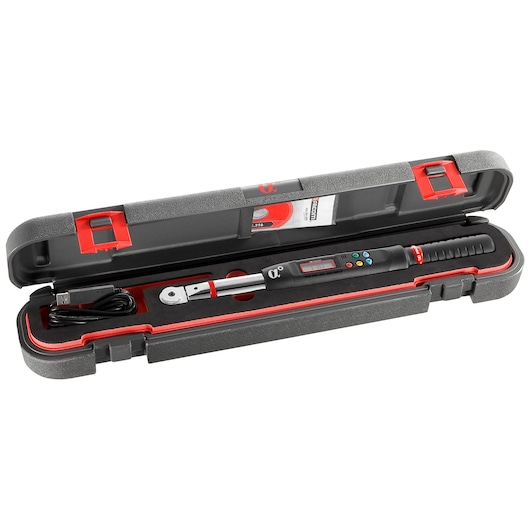 Facom E316A30R digital torque wrench set in black and red hard case, USB cable included, front angle.