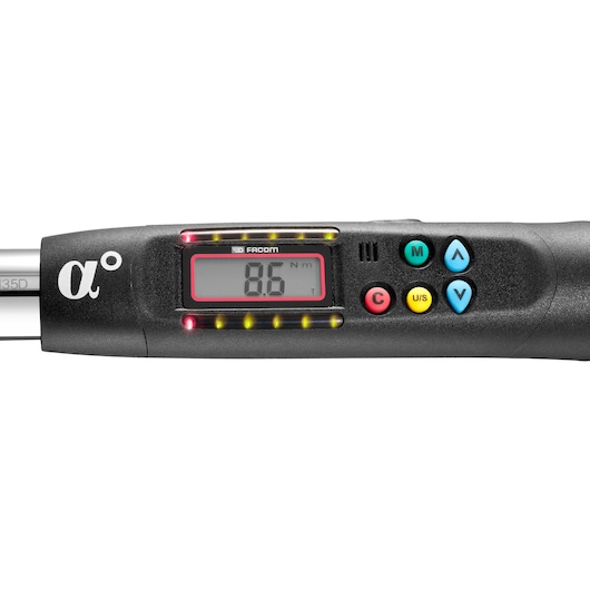 Facom E316A30R digital torque wrench handle, black, with LCD display and colored control buttons, front angle.