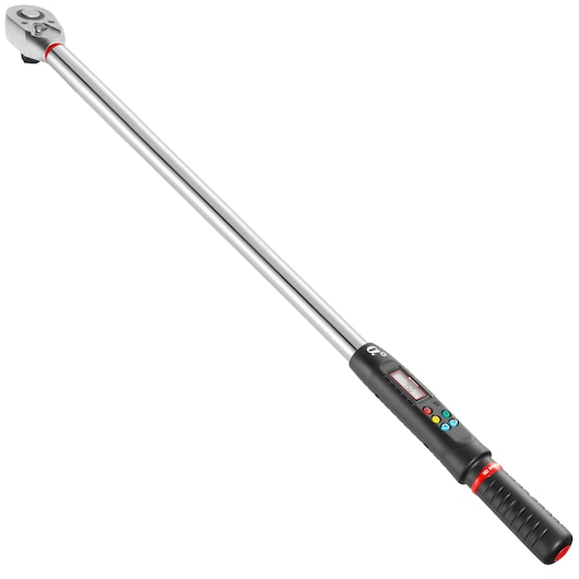 Facom E_316A815K digital torque wrench, long silver shaft, black and red handle, white background, angled view.
