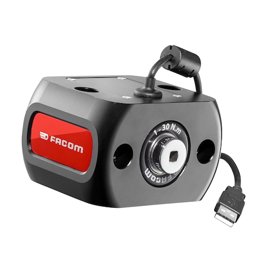 Photo of Facom E_6000-C30 torque sensor with USB cable, black and red, shown on white background, front angle.